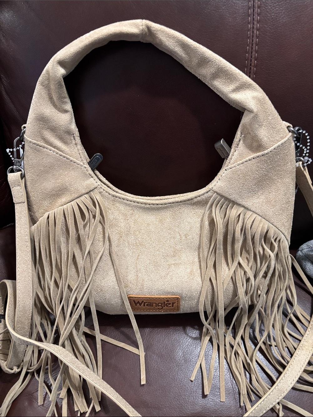 Wrangler Beige Suede Fringe Crossbody Bag